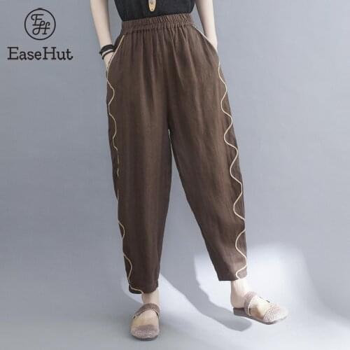 EaseHut Women Cotton Linen Harem Pants Elastic Waist Pockets Baggy Relax Fit Casual Lantern Trousers Women Trousers 2021 Summer