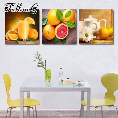 FULLCANG diy 5d diamond embroidery orange fruit triptych painting 3 piece full square/round drill mosaic pattern decor FC654