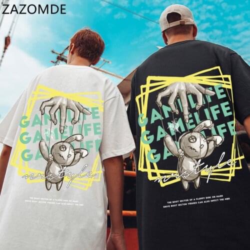 ZAZOMDE Hip Hop T Shirt Men Streetwear Print String Rabbit Tshirt Harajuku Summer Tops Tees Short Sleeve Cotton Black T-Shirt