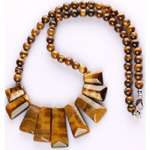 FYSL Silver Plated Geometric Shape Green Tiger Eye Stone Pendant Long Beads Chain Necklace Fashion Jewelry