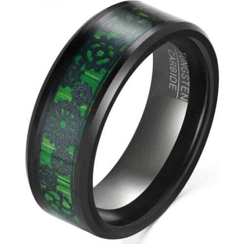 Jqueen 8mm Electric Black Inlaid Green Carbon Fiber Gear Pattern Tungsten Steel Ring Mens Bague Homme Jewelry