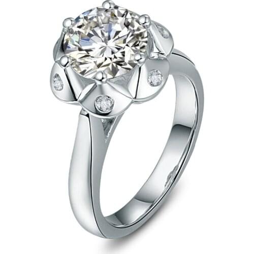 Lotus Test Positive 9 mm 3Ct Round Cut G-H Moissanite Diamond Ring 925 Sterling Silver Ring White Gold Color Promise Jewelry