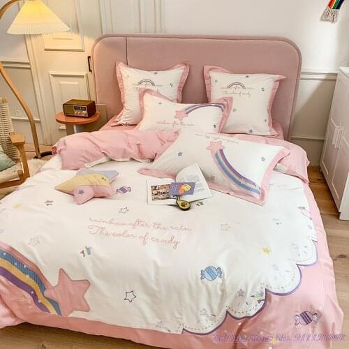 Girls Style Quilt Cover Cute heart pure cotton 60TC long-staple cotton Bedding Set 4pcs rainbow duvet cover sheet princess style
