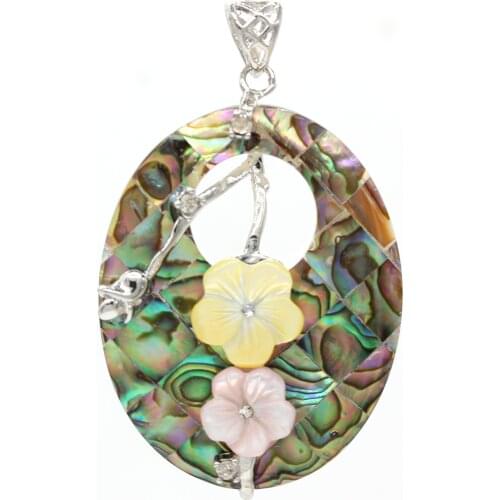 Kraft-beads Silver Plated Leaf Oval Shape Abalone Shell with Bloom Flower Pendant Temperament Jewelry
