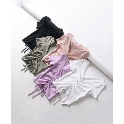 Sexy V Neck Cropped Tank Tops Women Drawstring Tie Up Front Camis Candy Colors Streetwear Slim Fit Ribbed Crop Top 2020