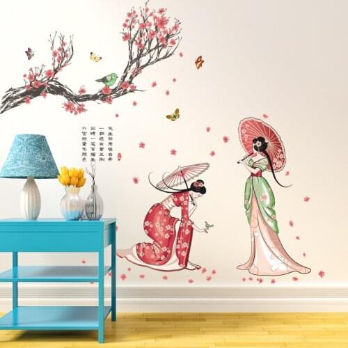 Chinese style Ancient Cheongsam Girl Wall Stickers for Living room Bedroom Kids room Wall Decor Art Poetry Decals Mural dc8
