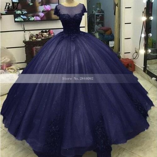 Cheap Dark Blue Gown Quinceanera Dresses 2020 Sheer Neck Short Sleeves Sweet 16 Dresses Tulle Appliques Vestido 15 Anos BM432