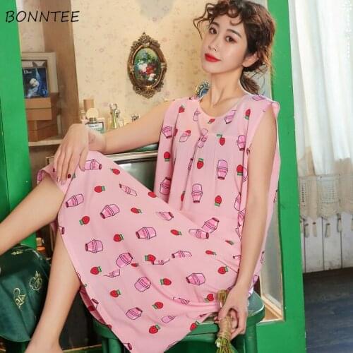 Nightgowns Women Print Vestidos Sleeveless Summer Thin Cool Ins Korean Plus Size All-match Fashion Lounge Nightdress Home Mujer