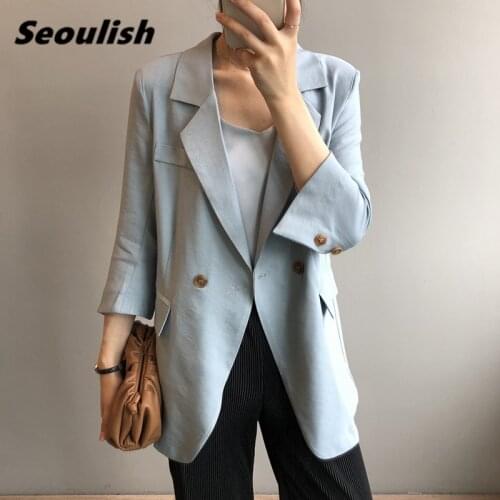 Seoulish New 2021 Summer Casual Double Breasted Loose Womens Blazers Pocket Female Formal Jackets Elegant Outerwear Chic Tops