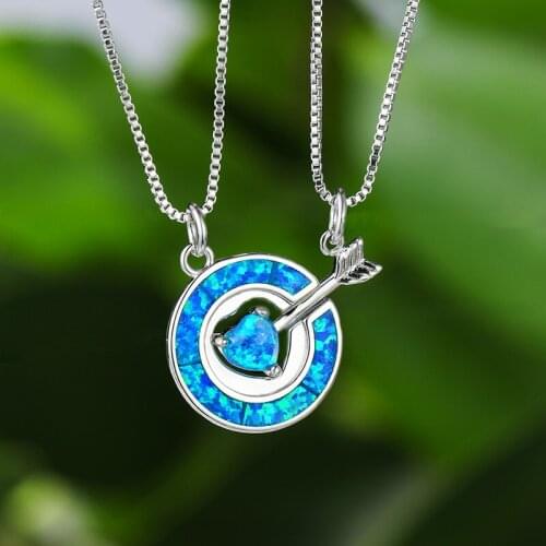 Charm Silver Color Chain Necklace Blue Opal Love Heart Stone Arrow Necklace Classic Round Detachable Pendant Necklaces For Women