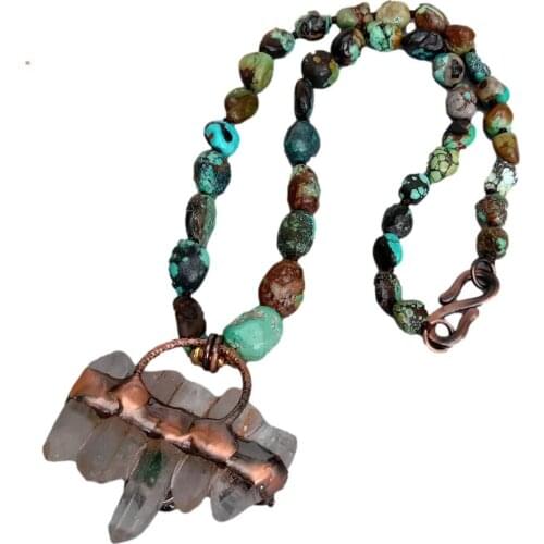 YYGEM Clear Quartz Druzy Green Agate Pendant 19" Natural Turquoise Freeform Bead choker Necklace