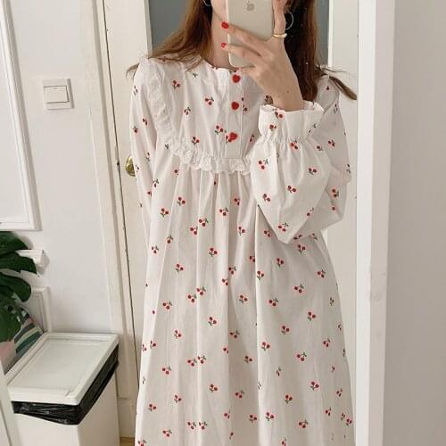 Cute cherry print white cotton nightdown women pijamas ruffles lace up loose dress home clothes ladies sleepwear nightdress Y080