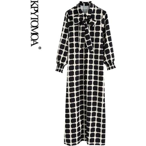 KPYTOMOA Women 2020 Chic Fashion Printed Button-up Midi Dress Vintage Bow Tie Collar Three Quarter Sleeve Female Dresses Mujer