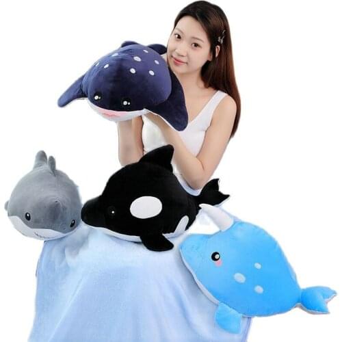 19" Plush Shark Toy With Coral fleece Blanket Stuffed Whale Mobula Narwhal Doll Sea Animal Throw Pillow TV Air conditional