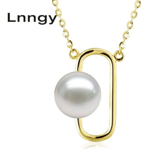 Lnngy Luxury 18K Yellow Gold Necklace Pendants Natural Fresh Water Pearl 7.5-8mm Round Pearl Engagement Necklace Pendant Gift