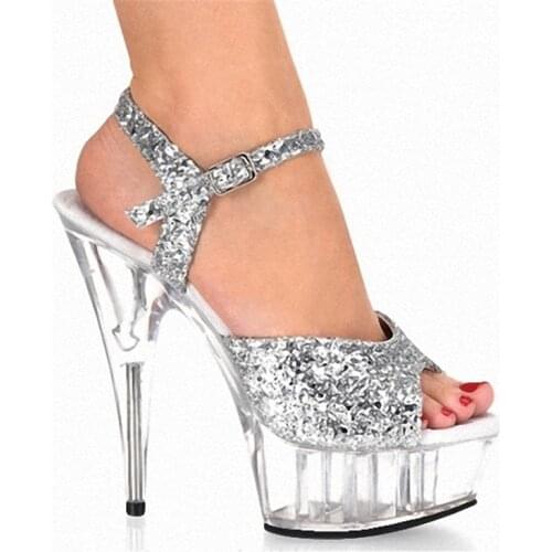 Sandals Women Mid Heel Summer Buckle Strap Ladies Shoes Sequined Cloth 15CM Thin High Heels waterproof Bling Party shoes woman