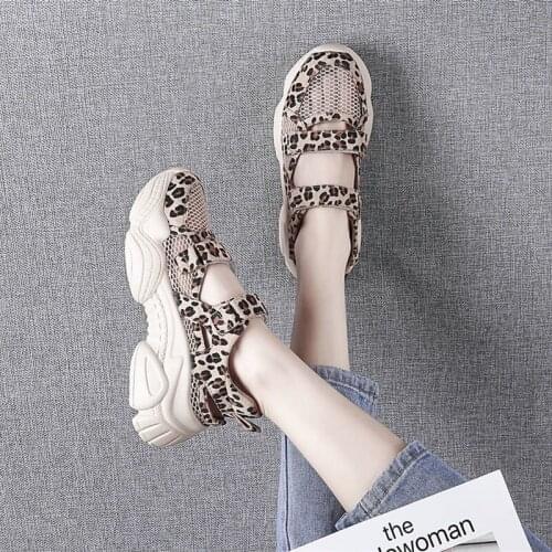 Summer Womens Sandals Mesh Breathable Sneakers 2021 Leopard Hollow Breathable Non-slip Sandals Heels Womens Platform Heels