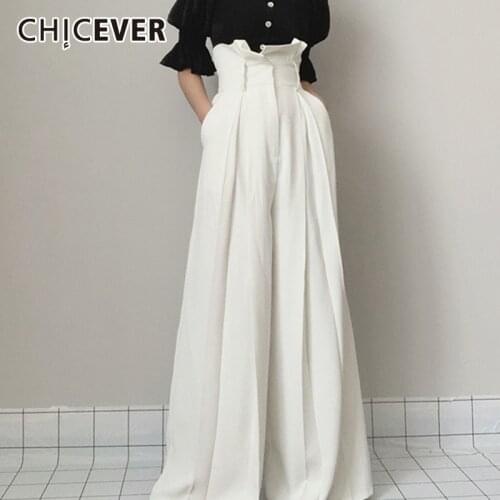 CHICEVER Solid Trouser For Women Full Length High Waist Pleated Loose Plus Size Ruffles Wide Leg Pant Female 2021 Autumn Clothes