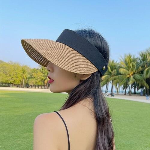 Womens Summer Hat Sun Visor Empty Top Wide Brim Hat Sun Protection Cap Female Sun Hats Peaked Cap Girls Beach Hat Straw Hat
