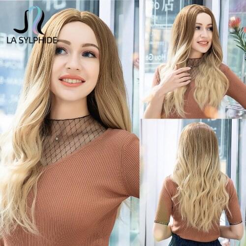 La Sylphide Synthetic Wig Long Curly Root Brown Ombre Blonde Middle Part Hair Wigs for Woman Daily Party Heat Resistant Hair