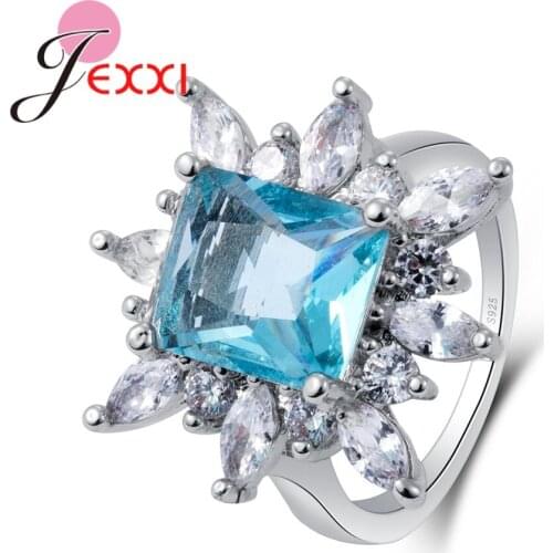 High Quality Big Square Bule Crystal 925 Sterling Silver Geometric Ring With Clear CZ For Women Party Jewelry