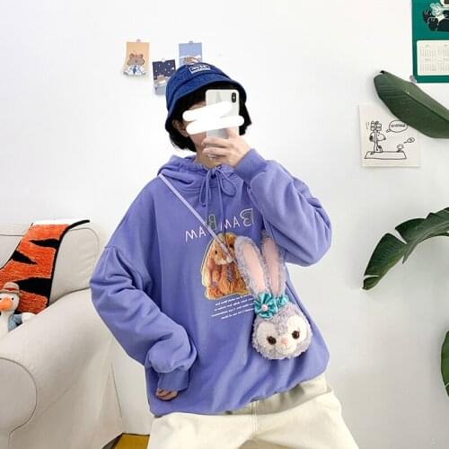 Japanese Vitality Girl College Style Childlike Rabbit Printing Hoodie Student Loose Purple Hoodie Women Sweatshirt Harajuku Girl