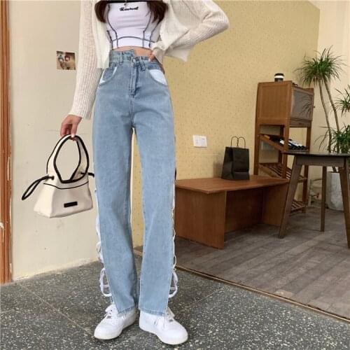 Womens Pant 2021 Summer New Side Slit Irregular High Waist Bandage Jeans Girl Loose Slim Wide Leg Pants Casual Traf Clothing