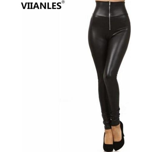 VIIANLES Push Up Mujer High Waist Pants Sexy Legging Faux Leather Front Zipper Black Jeggings Women XXL