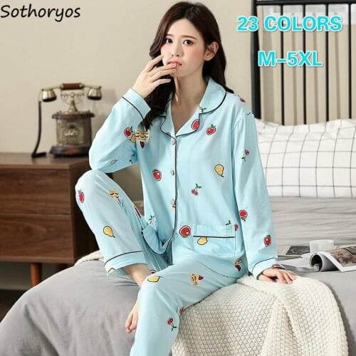 Women Pajama Sets Plus Size 5XL Print Simple Turn-down Collar Female Soft Loose Elastic Waist Fashion Korean Style Chic Homewear