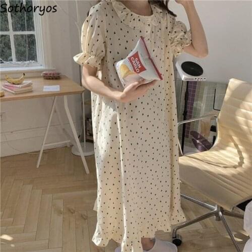 Sweet Sleepshirts Women Heart Printed Ruffles Loose Cozy Short Sleeve Fresh Lovely Girls Nightgowns Trendy Daily Home Lounge New