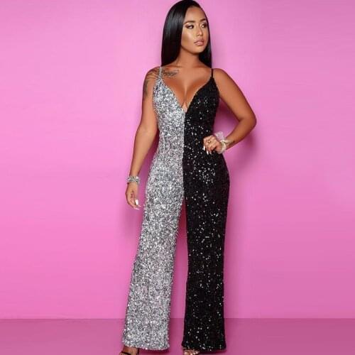 Casual Beading Playsuit Party Ladies Bodysuits Jumpsuits Sleeveless Long Patchwork Jumpsuit Arrival Women V Neck Loose XS-L