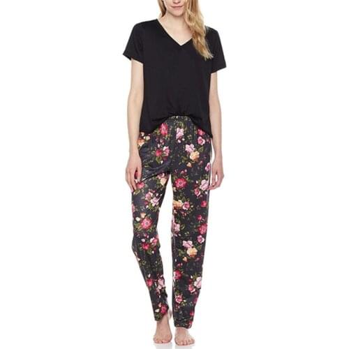 Solid Short Sleeve T-shirt Tops+Floral Print Full Length Pants Pajamas Sets for Women Spring Summer Laies Sleepwear Pajamas