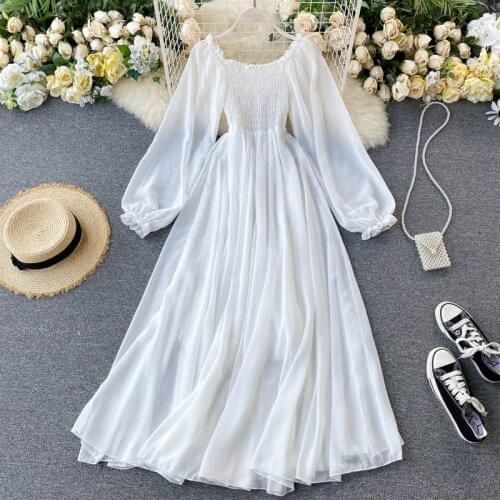2021 Brand New Women Elegant Dress Puff Sleeve Slash Neck Off Shoulder White Chiffon Dresses Casual Long Dress Vestidos
