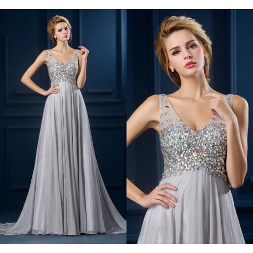 Robe De Soriee Elegant Crystal SilverLong Evening Formal Dresses 2021 V-Neck Straps Backless Prom Party Gowns Vestidos Noiva