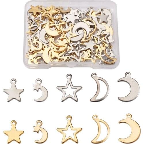 100pcs/box 304 Small Stainless Steel Pendants Charms Star Moon for Jewelry Making DIY Bracelet Necklace Accessories Findings