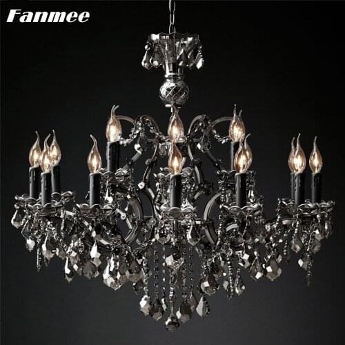 19th C. Rococo Vintage Smoky Crystal Chandelier Light LED Traditional Black Candlestick Indoor Hanging Lamp Art Deco Living Room