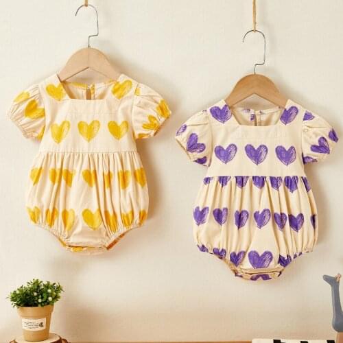 2021 Summer Sweet Baby Bodysuit Bow Square Collar Love Print Short Sleeve Baby Girl Romper Breathable Party Baby Jumpsuit 0-18M