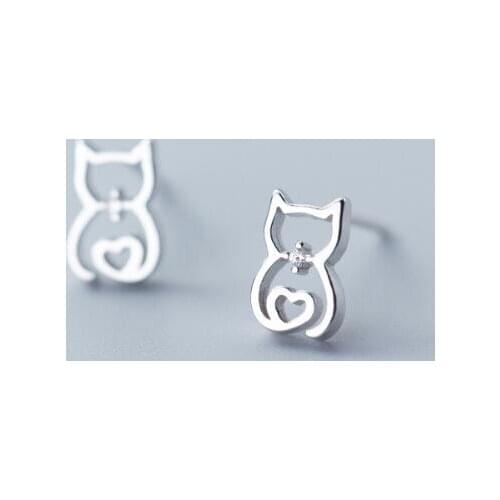 8.6MM*6mm Lovely Cute Real. 925 Sterling Silver fine jewelry CZ Heart Kitten Cat Animal stud earrings Pet Charms C-G1948