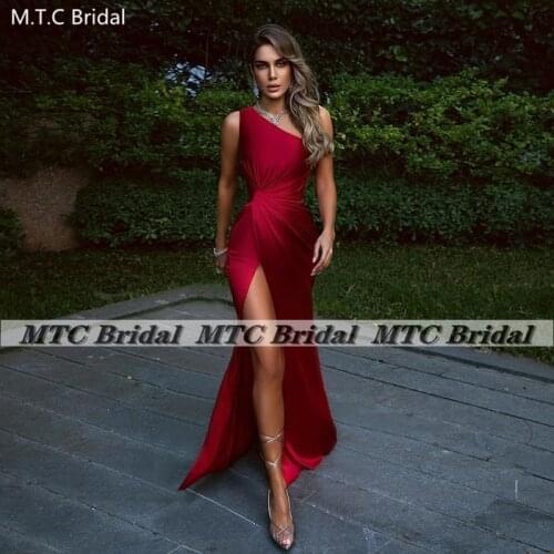 Long Burgundy One Shoulder Sexy Prom Dresses High Slit Pleats Mermaid Formal Party Gowns 2021 High Quality Women Prom Dress