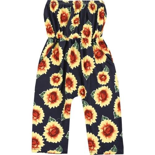 FOCUSNORM 2-7Y Summer Kids Girls Jumpsuits Sunflowers Printed Strapless Sleeveless Elastic Long Pants
