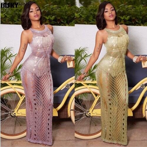IASKY shiny high split beach cover ups 2017 sexy women knitting hollow bikini swimsuit cover up beach long dress
