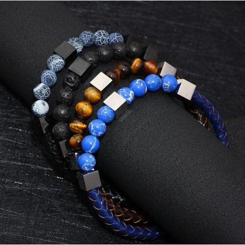 Exquisite womens bangles stone bead bangles fashion charm bangles jewelry cowhide multicolored hand string