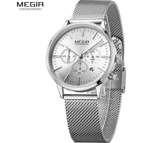 MEGIR Classic Chronograph Quartz Watches for Women Waterproof Luminous 24 Hours Analogue Steel Wristwatch for Woman Lady 2011L-7
