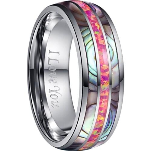 8mm Dome Surface Acacia Magenta Opal Tungsten Steel Ring Mens Women Wedding Band Engrave Love Rainbow Ring