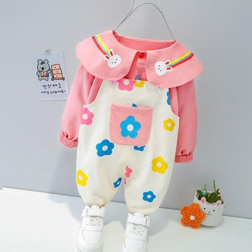 Korean Cute Girl Spring Autumn Suit Baby Fashion Nice Long Sleeve Shirt+Bib Flower Pants Western Clothes 1 2 3 4 Years