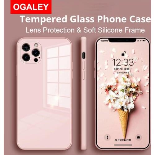 Square Tempered Glass Case For iPhone 12 Pro Max 11 Case Glass Camera Lens Protection Anti-knock Cover For IPhone X XS MAX XR S