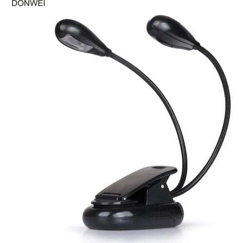 DONWEI 4LED Clip Book Reading Light Battery Powered Flexible Dual Head Clip 2 Mode Bright Reading Lamp Night Desk Light