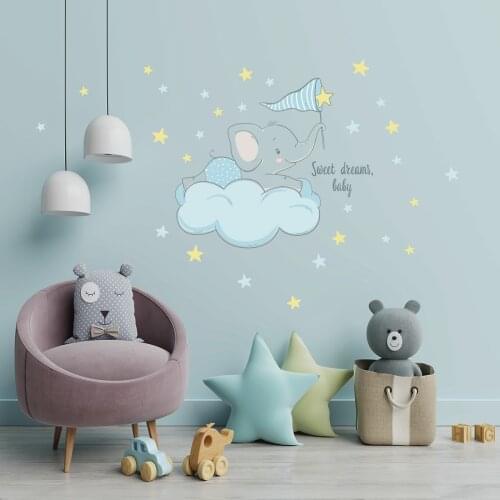 Cartoon Baby Elephant Wall Stickers Cloud and Star Art Wall Decals for Baby Nursery Kids Living Room Bedroom Home Decoration