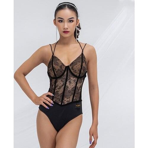 Latest Latin Dance Tops Women Sexy See-Though Lace Leotards Adult Latin Ballroom Dancing Clothes Competition Costume DNV14856
