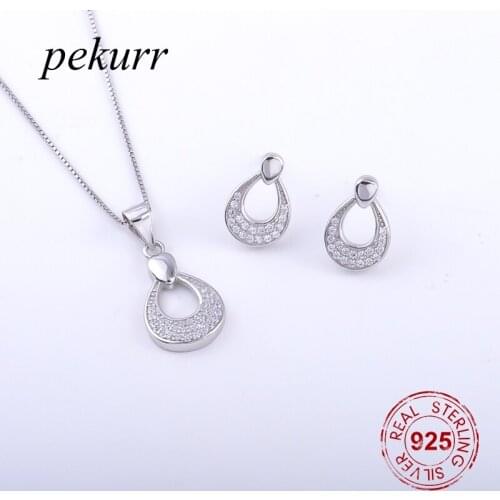 Pekurr 925 Sterling Silver Zircon Hollow Waterdrop Earrings Necklace Sets For Women Oval Drop Geometry Pendants Jewelry Set